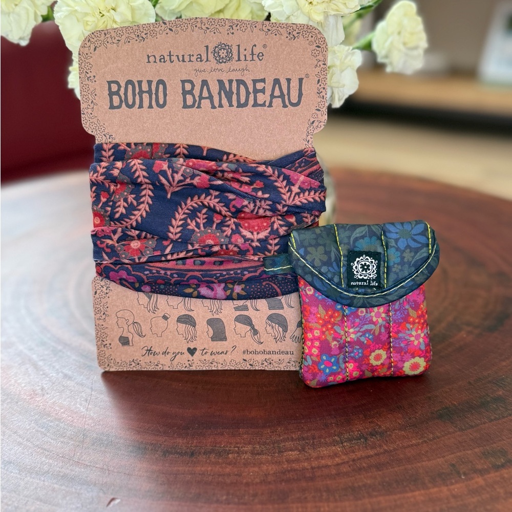 NATURAL LIFE Navy Headband with Pink & Red Floral Print with Earbud Case